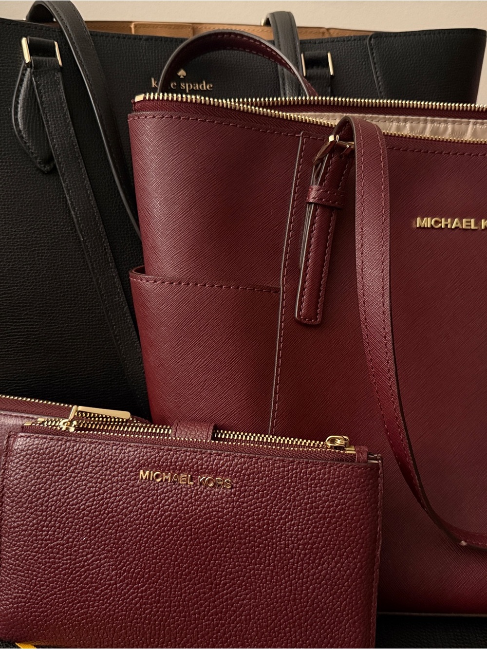 kate spade Michael Kors Black and Burgundy Leather Tote with wallets